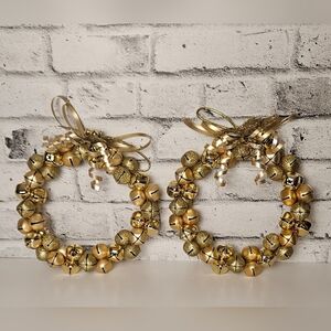Gold Jingle Bell Wreath Pair Holiday Door or Wall Decor with Glitter Bows
